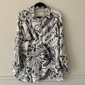 Chicos 100% Linen Botanical Leaf Print Tunic Top Size L Resort Lagenlook Artsy